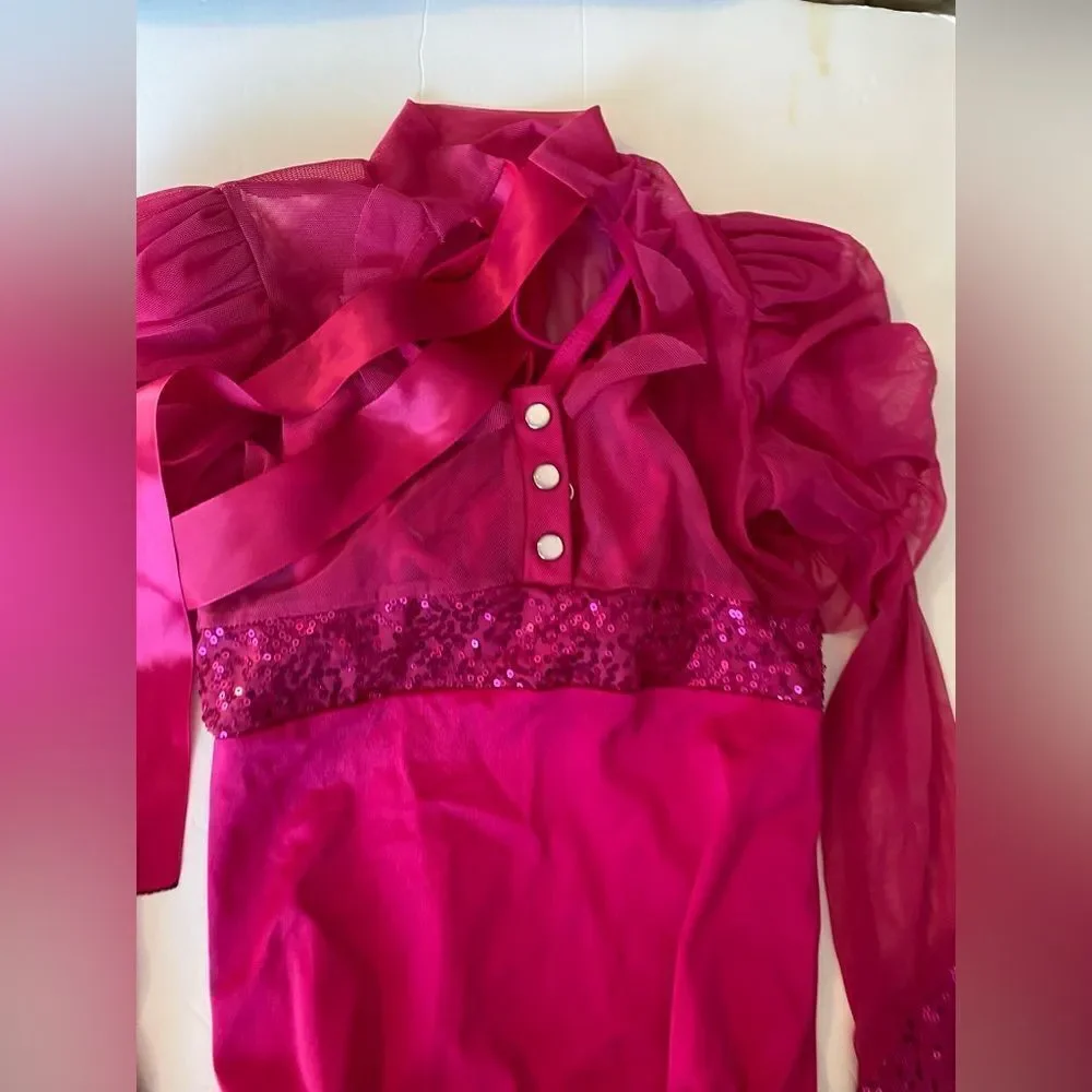 Kelle solo dance costume hot pink 2 piece leotard halter long sleeve mesh MC